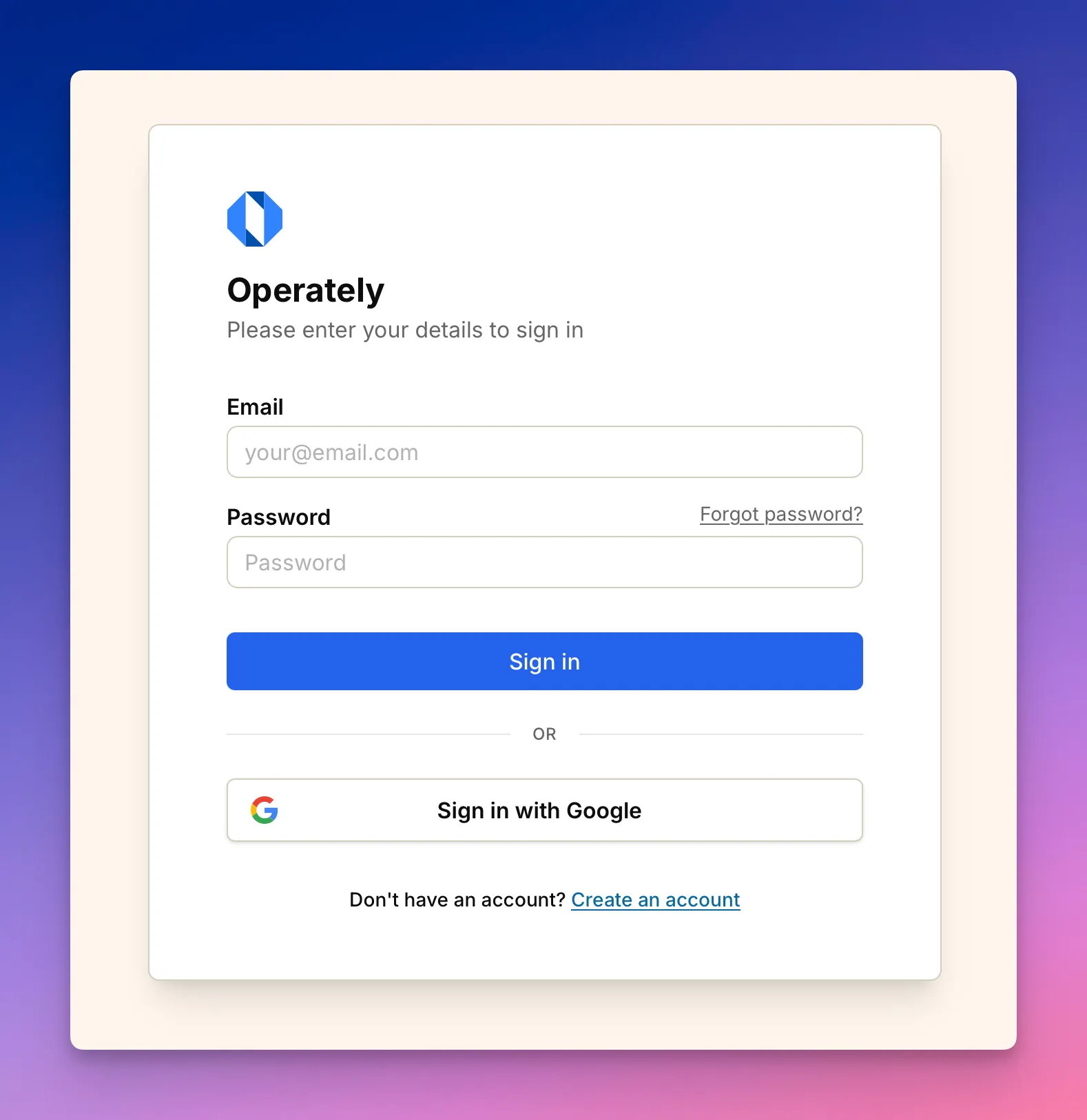 Screenshot: Main login screen with Google and email options