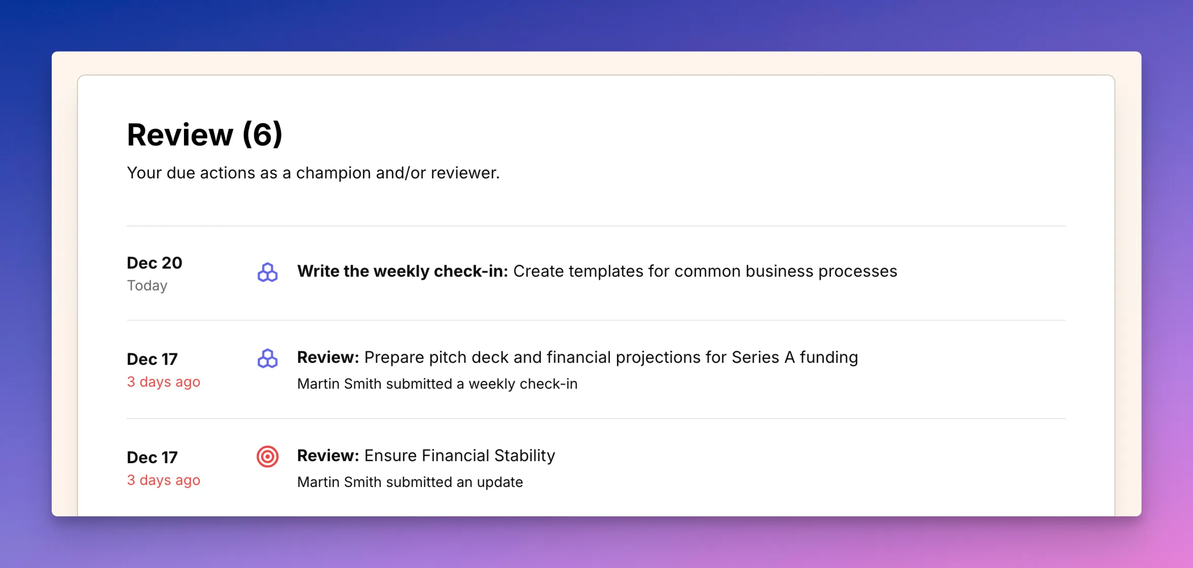 Screenshot: Review screen with pending actions